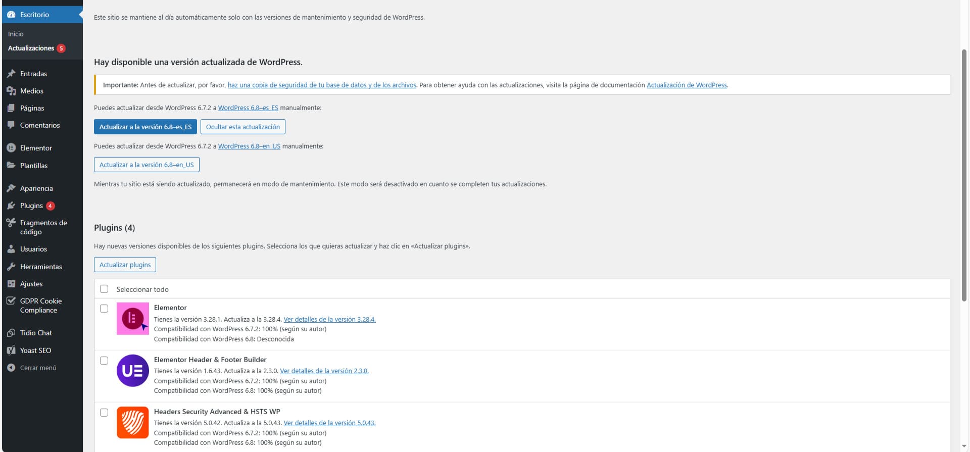 Captura de pantalla del panel de WordPress señalando el menú 'Actualizaciones'