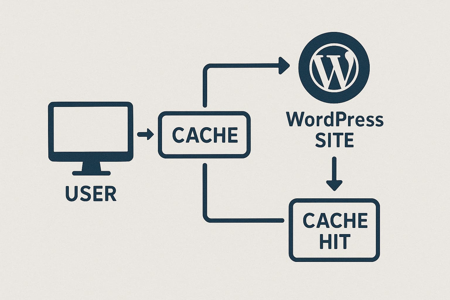 Diagrama simple explicando cómo funciona la caché en WordPress