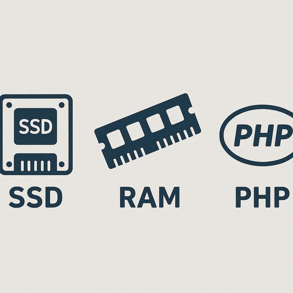 Iconos representando características clave de un buen hosting: SSD, RAM, PHP actualizado, Ubicación España