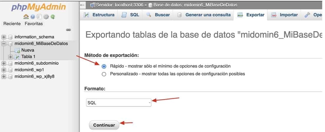 Exportando base de datos WordPress desde phpMyAdmin
