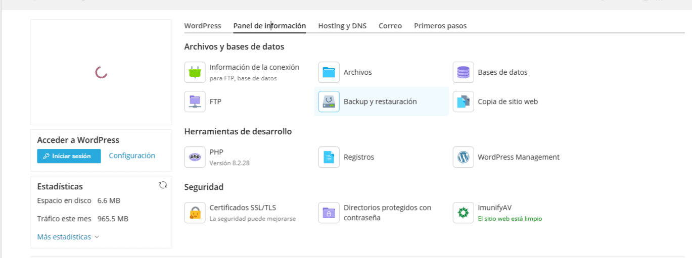 Ejemplo de herramienta de restauración de backups en panel de hosting (cPanel/Plesk)