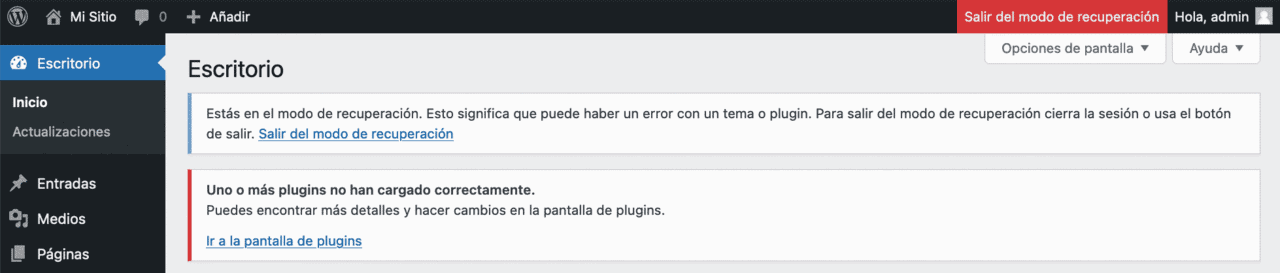 Pantalla del modo de recuperación de WordPress