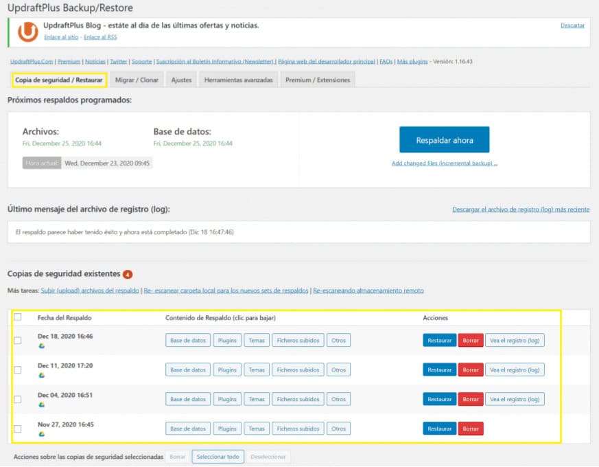 Interfaz de restauración de UpdraftPlus en WordPress