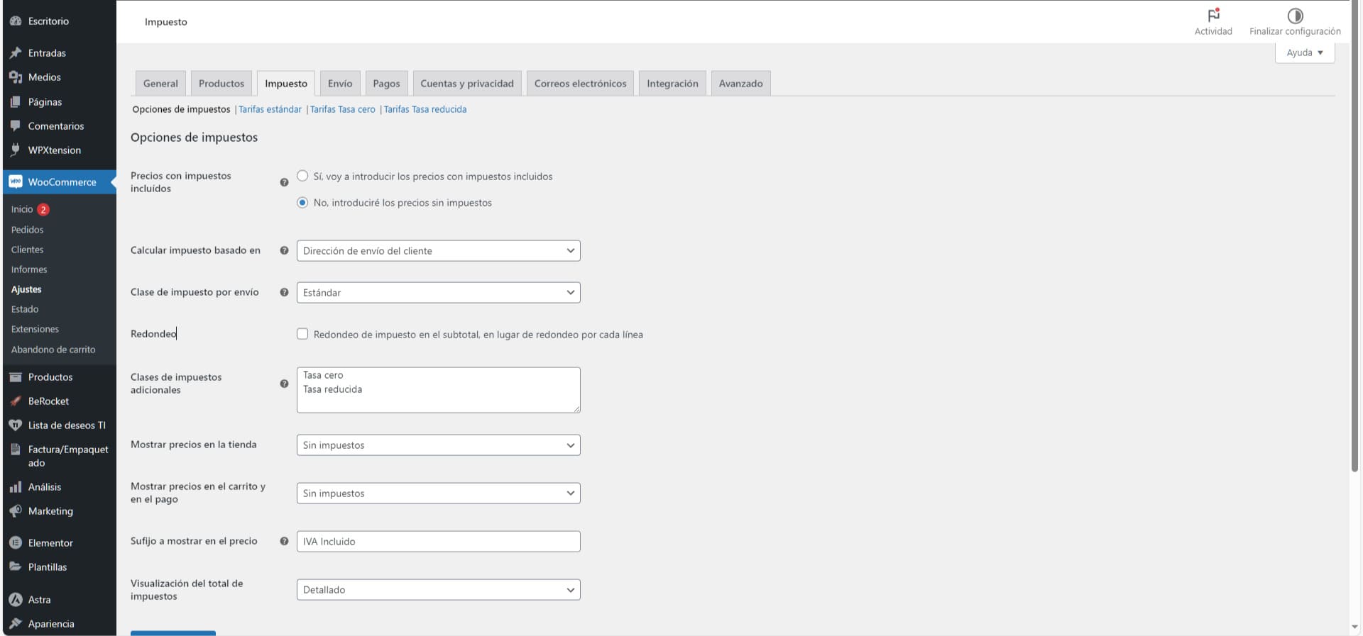 Pantalla de Ajustes Generales o de Impuestos de WooCommerce