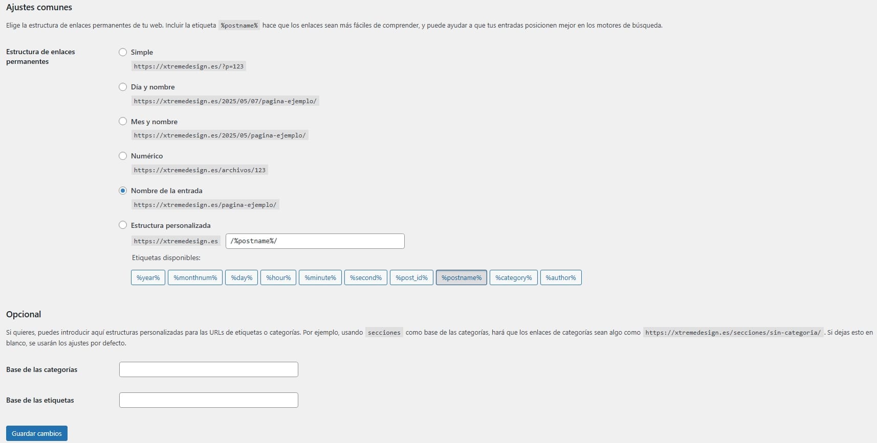 Pantalla de configuración de Enlaces Permanentes en WordPress