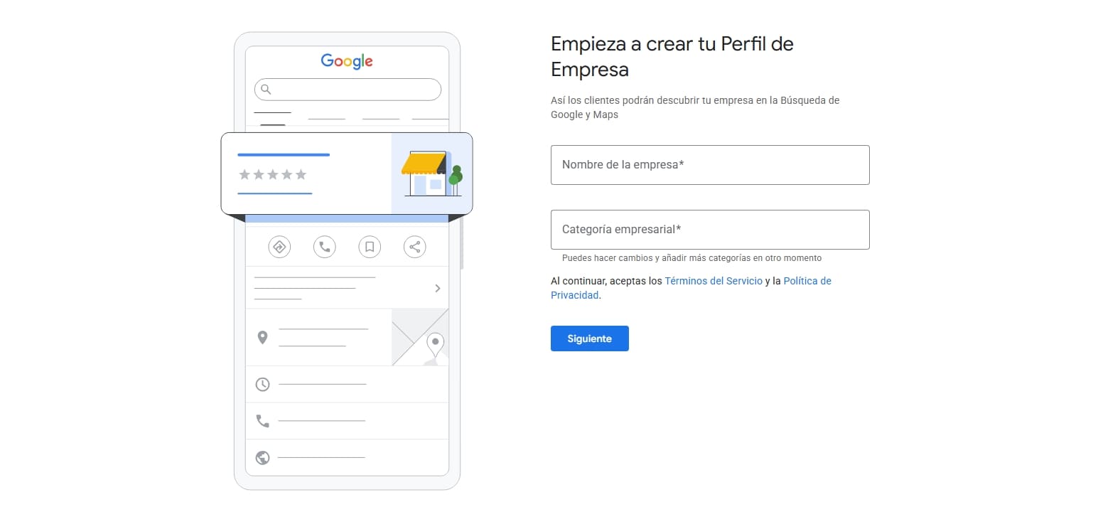 Interfaz de creación o reclamación de ficha en Google Business Profile