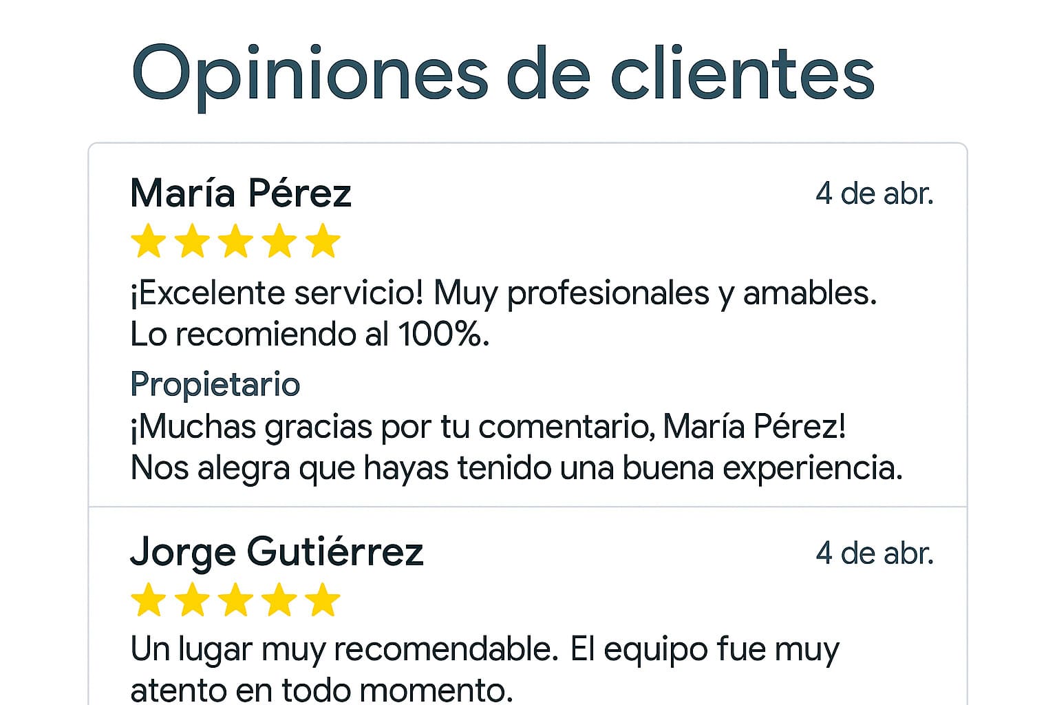 Ejemplo de reseñas y respuestas en Google Business Profile para negocio local