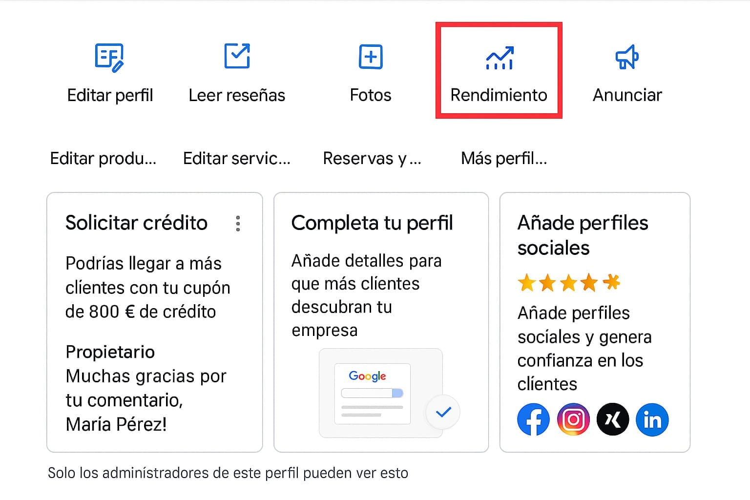 Panel de Google Business Profile destacando la sección Rendimiento para ver estadísticas
