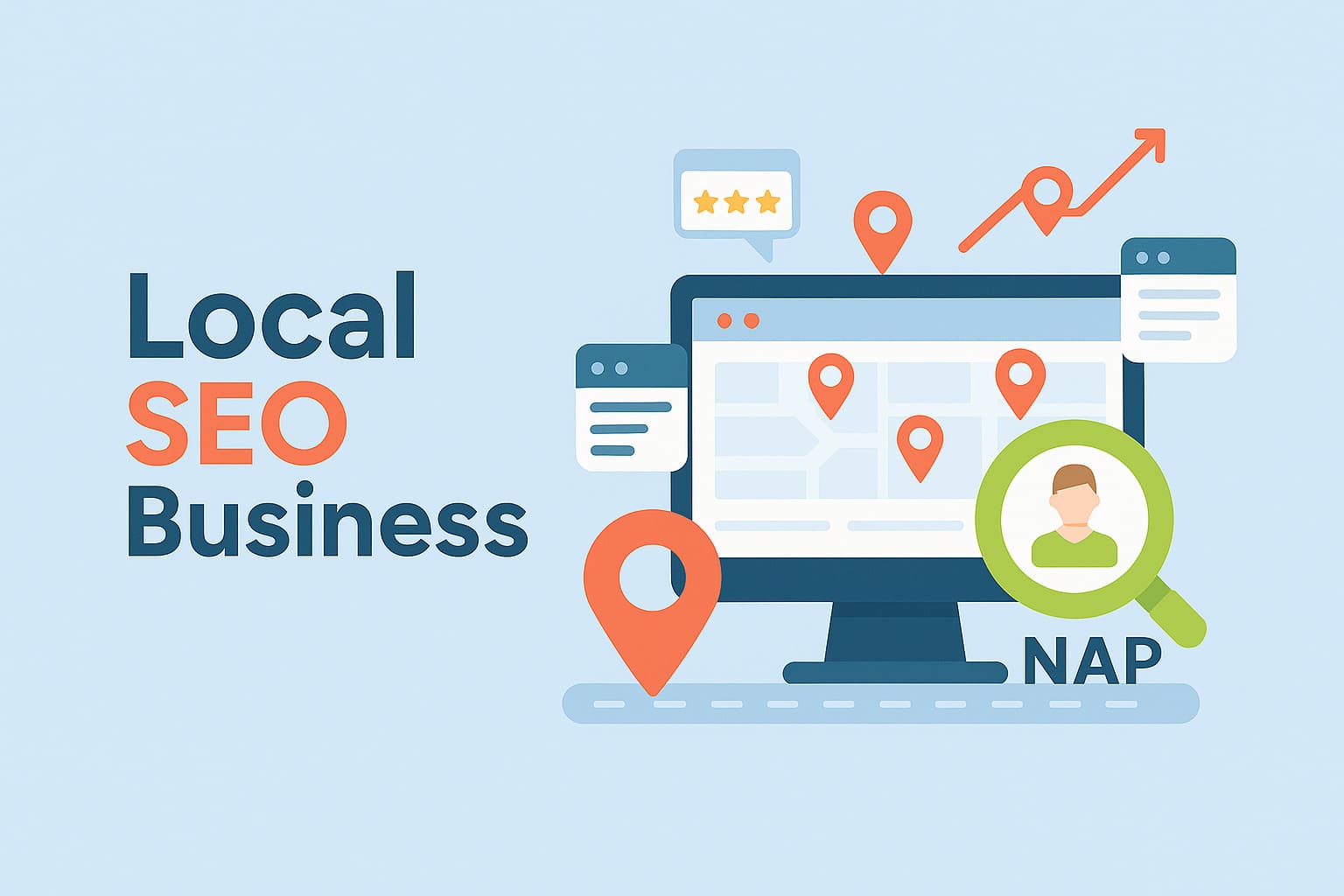 Ilustración de los elementos clave del SEO Local para negocios: mapa, reseñas, NAP