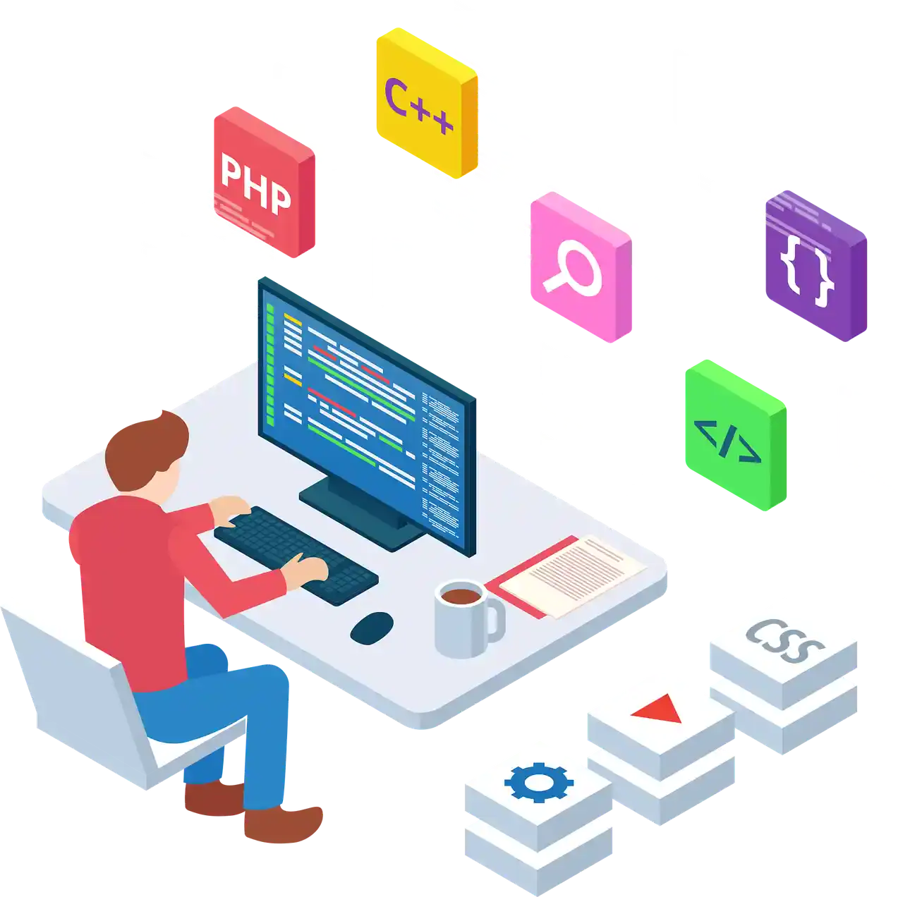 Desarrollo Web a Medida con Código Personalizado Código de desarrollo web con HTML, CSS y JavaScript en un monitor.