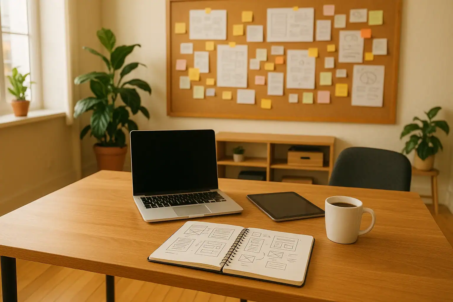 Mesa de trabajo con portátil, tablet, cuaderno con notas de diseño y pizarra al fondo con ideas, representando el enfoque creativo y profesional de Xtreme Design
