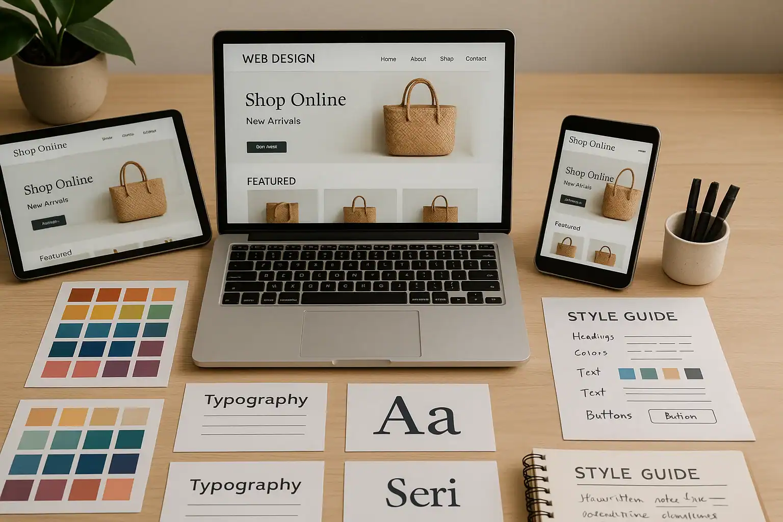 Paleta de colores y elementos de diseño para una tienda online única.