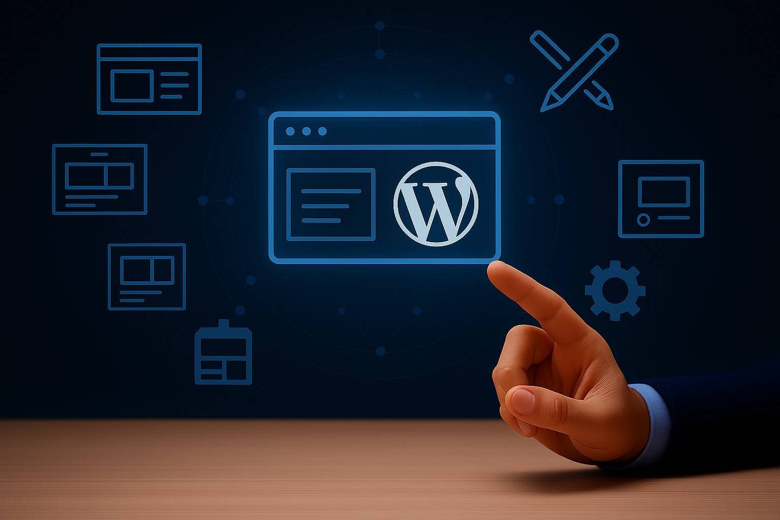 Elige tu Plantilla de WordPress Profesional con Xtreme Design Mano seleccionando una plantilla de WordPress profesional en una interfaz digital.