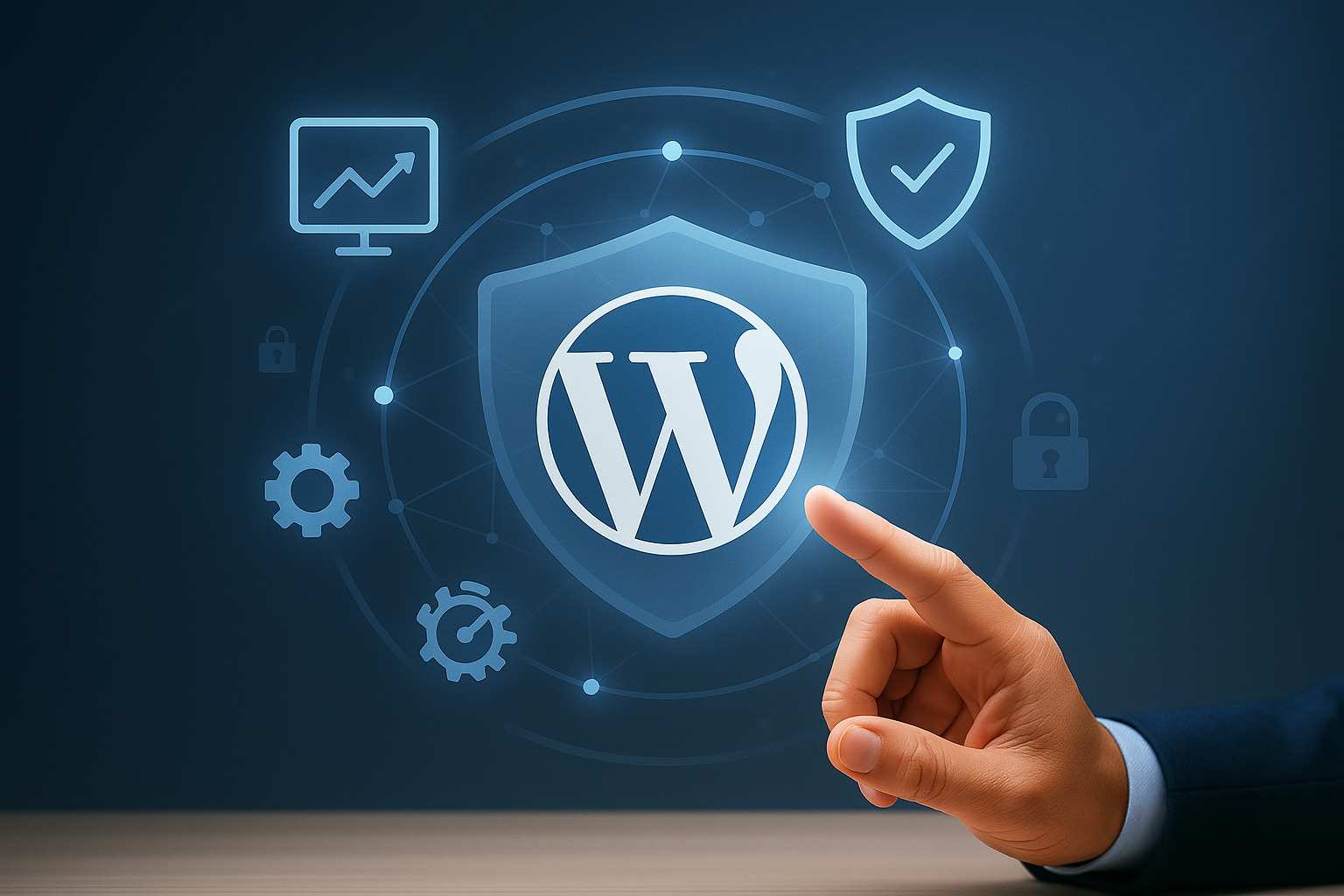 Servicio profesional de mantenimiento WordPress con escudo de seguridad y engranajes de optimización.