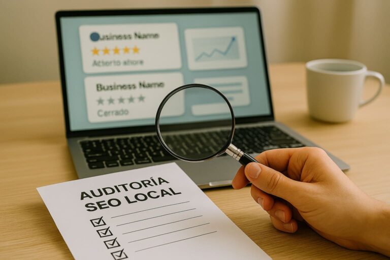 Checklist de auditoría SEO local para un negocio en Algeciras, con una lupa examinando los puntos clave.