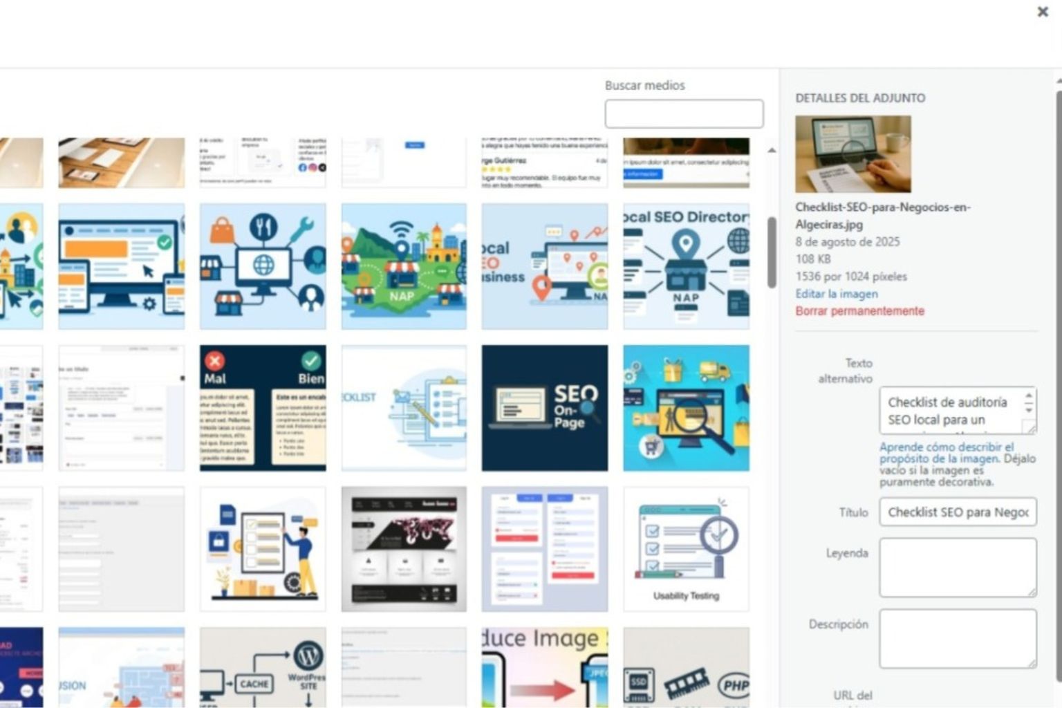 Biblioteca de medios de WordPress mostrando cómo optimizar el texto alternativo de una imagen para SEO local en Algeciras.