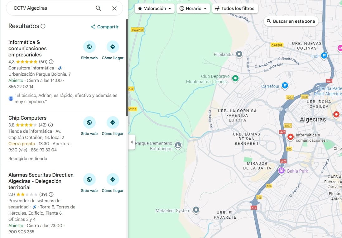 Resultados de SEO para ICE Online en Google Maps - Posición #1 para CCTV Algeciras.