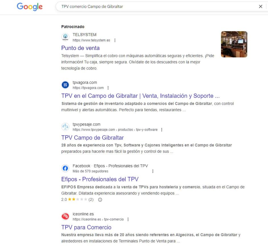 Resultados de SEO para TPV Ágora - Posición #1 en Google para TPV en el Campo de Gibraltar.