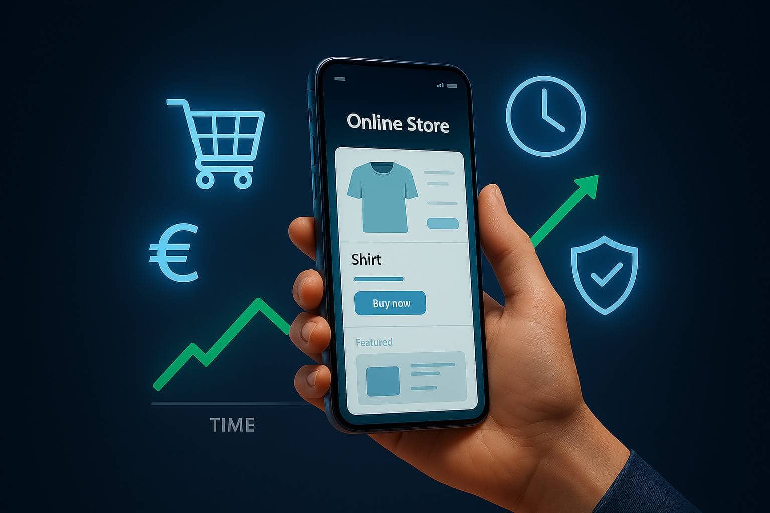 Diseño de Tiendas Online Profesionales con WordPress y WooCommerce Una mano sostiene un smartphone con un diseño de tienda online profesional en WordPress con WooCommerce, rodeada de iconos que simbolizan el crecimiento del negocio y las ventas.
