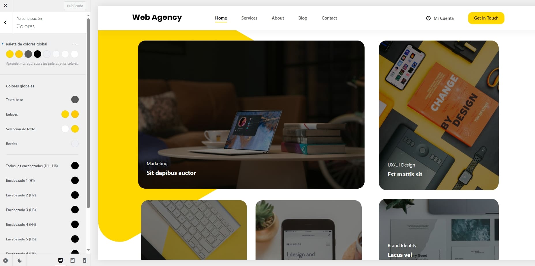 Interfaz de personalización de un tema de WordPress con opciones de colores y tipografías.