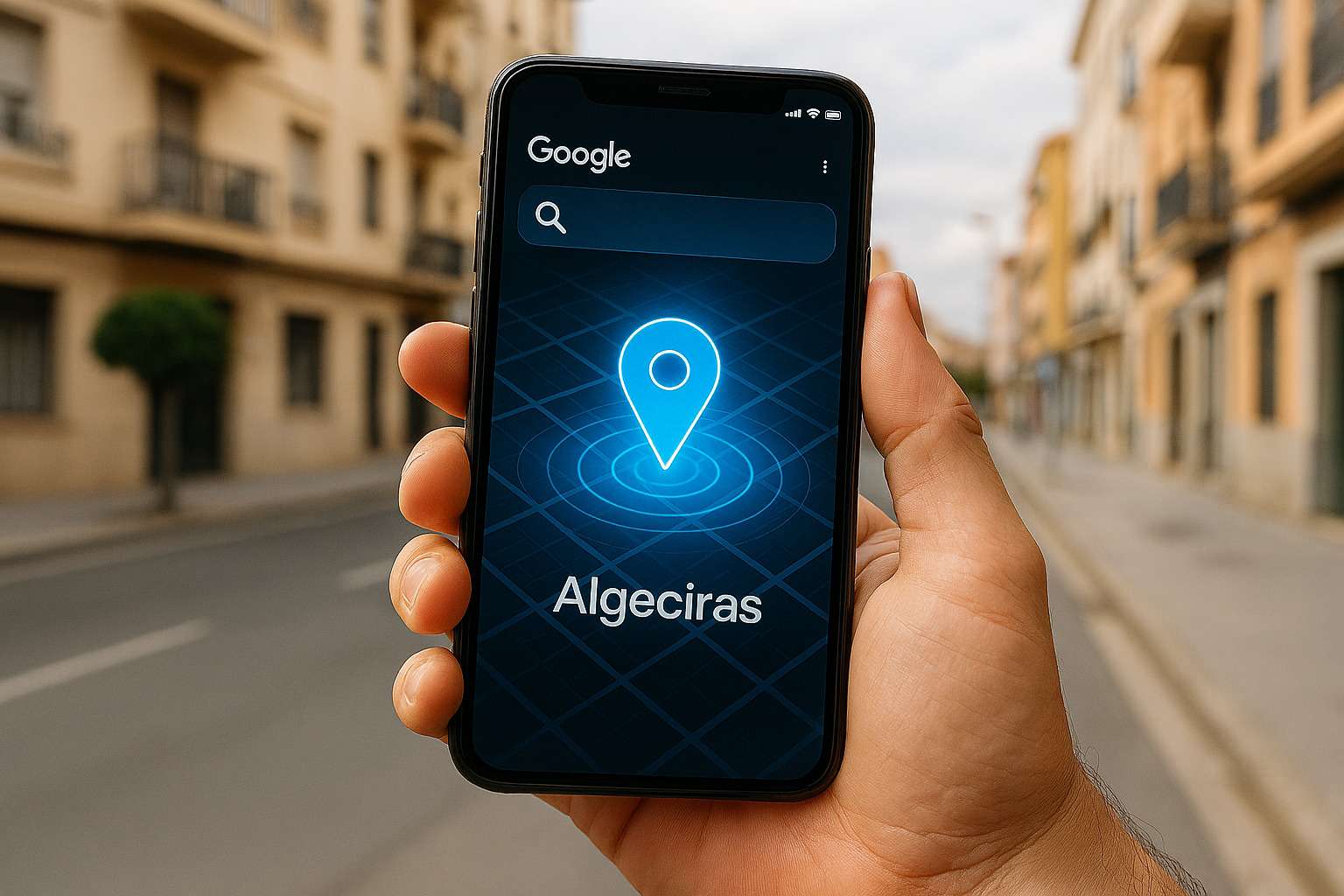 Móvil mostrando una búsqueda de SEO local en Algeciras con un icono de ubicación.