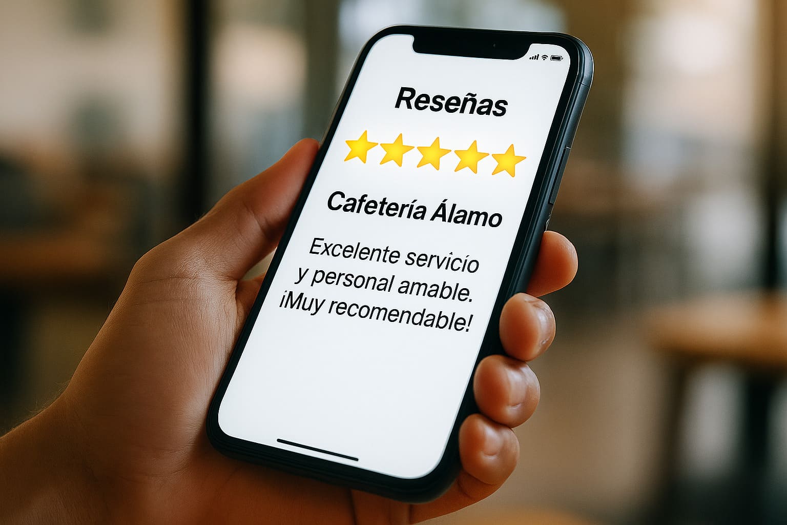 Cliente leyendo una reseña de 5 estrellas en su móvil para un negocio local en Algeciras, demostrando la importancia de la reputación online.
