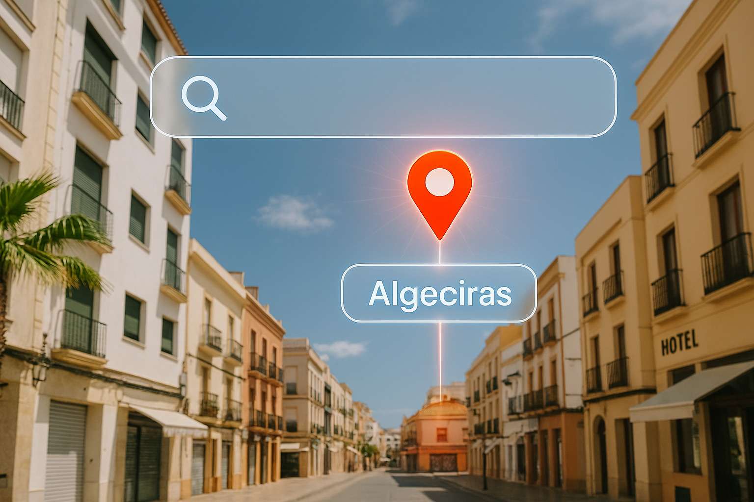 Servicio de posicionamiento SEO local en Algeciras (cadiz) con una imagen de una calle de la ciudad y un icono de búsqueda y ubicación.